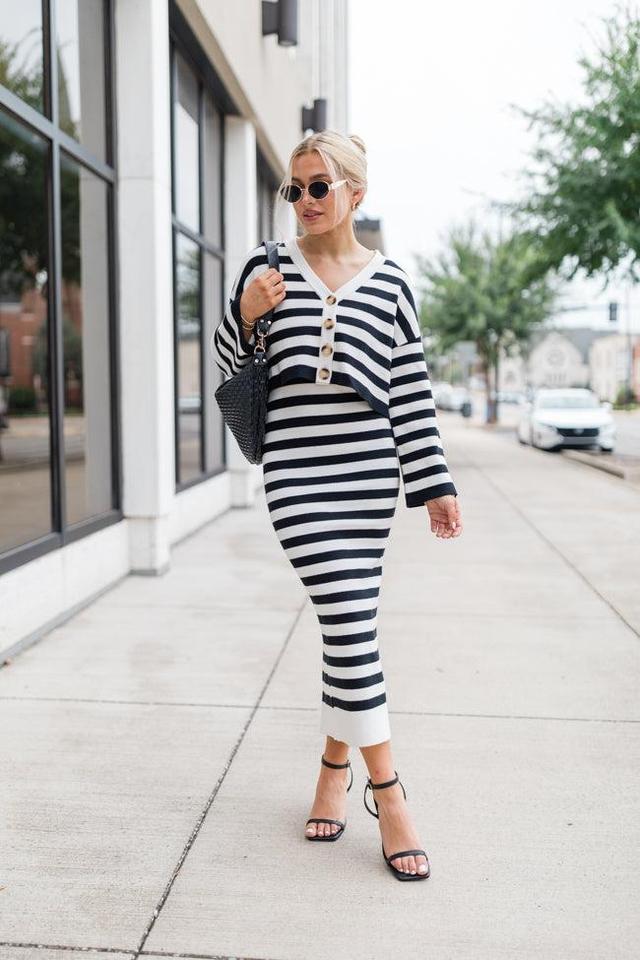 Feels Like Love Black and White Striped Dress and Cardigan Set Product Image