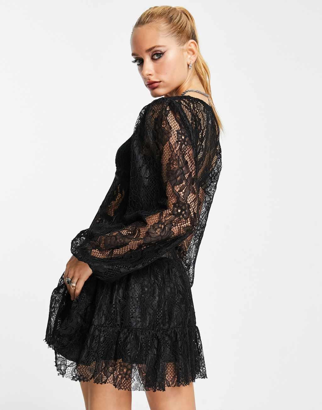 Reclaimed Vintage Inspired long sleeve tie front lace mini dress in black Product Image