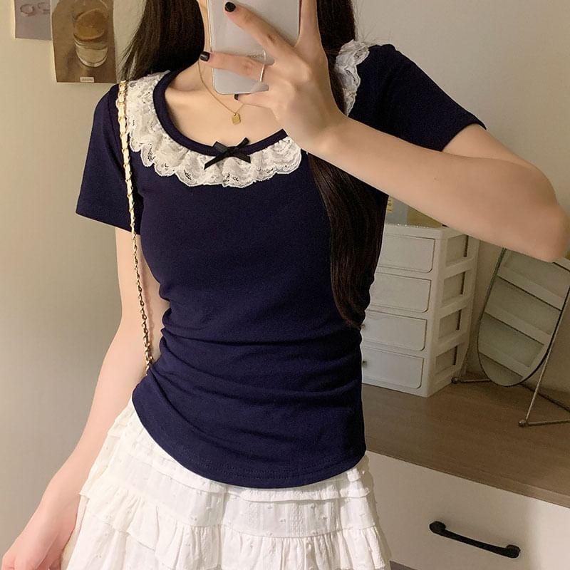 Bow Accent Lace Panel Sheath Cropped T-Shirt Product Image