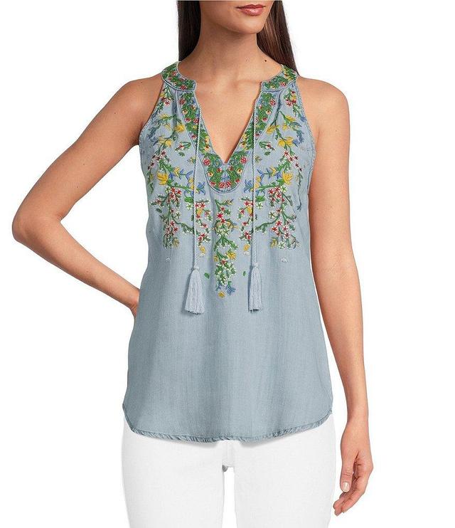 Reba Sleeveless Floral Embroidered Chambray Top Product Image