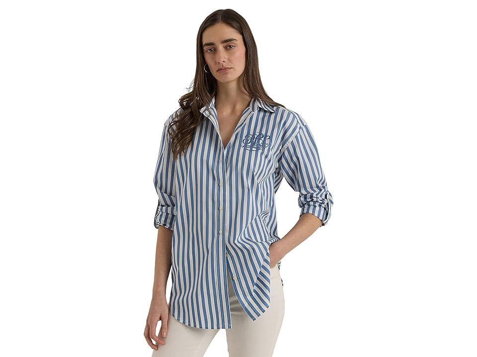 LAUREN Ralph Lauren Petite Oversize Striped Cotton Broadcloth Shirt (Pale Azure/White) Women's Clothing Product Image