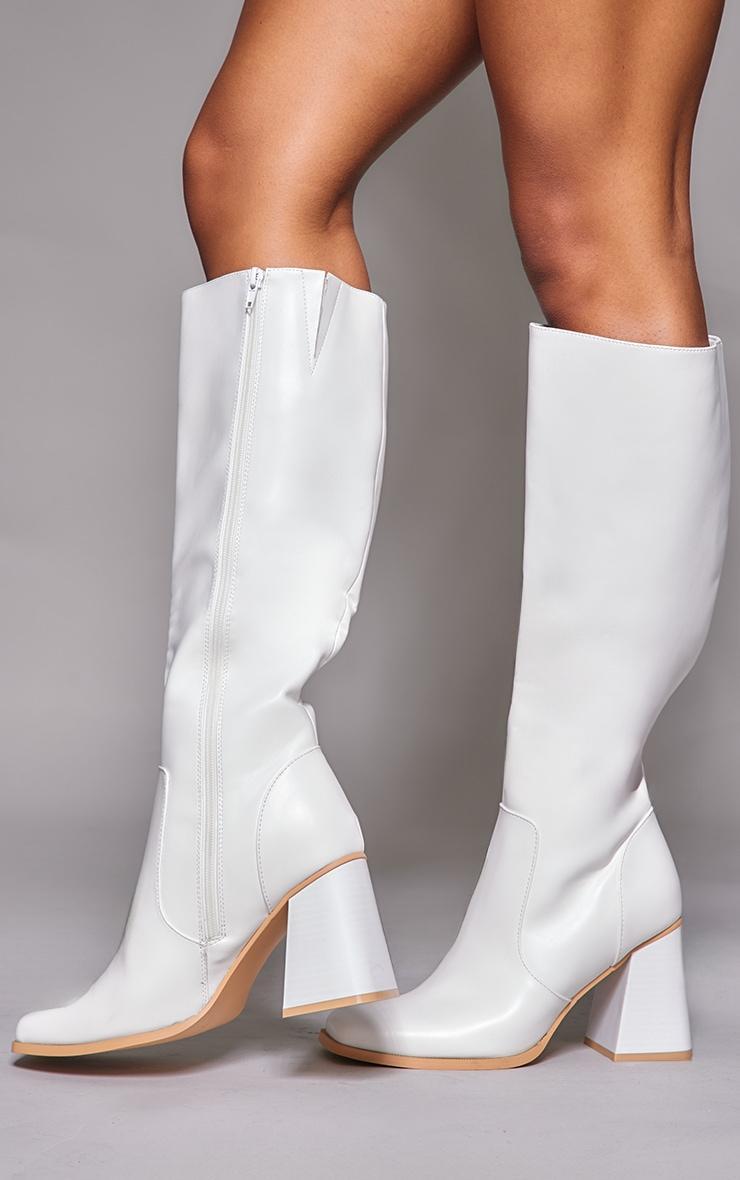 White PU Square Toe Flare Block Heel Knee High Boots Product Image