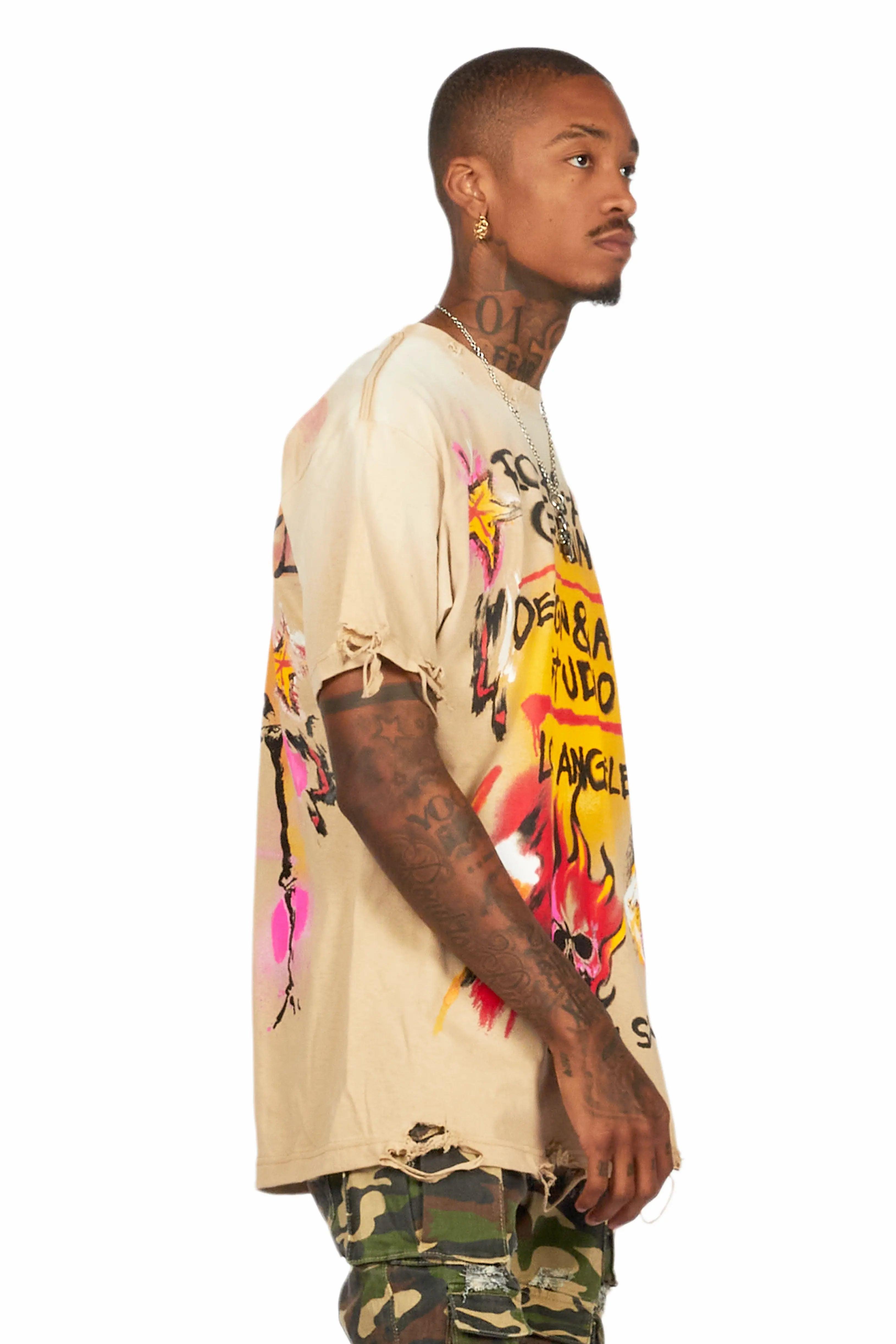 Soweto Beige Oversized Graphic T-Shirt Male Product Image