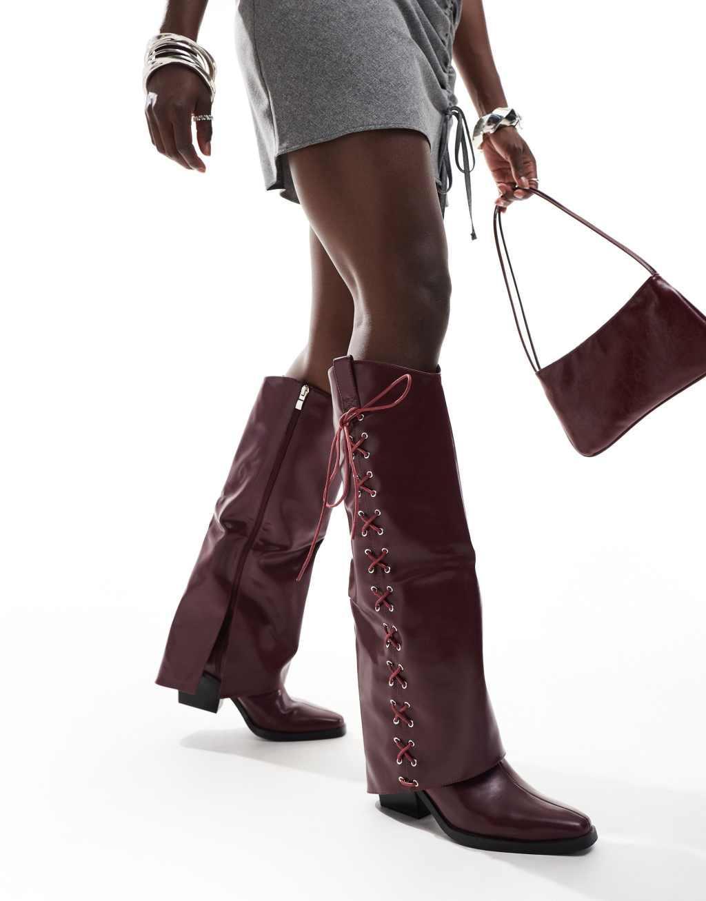 Glamorous foldover western heeled knee boots with lace up bow in burgundy Product Image