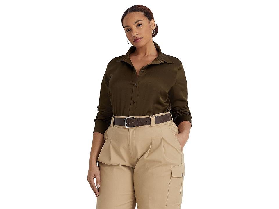 Lauren Ralph Lauren Plus Size Satin Charmeuse Shirt (Botanic Green) Women's Clothing Product Image