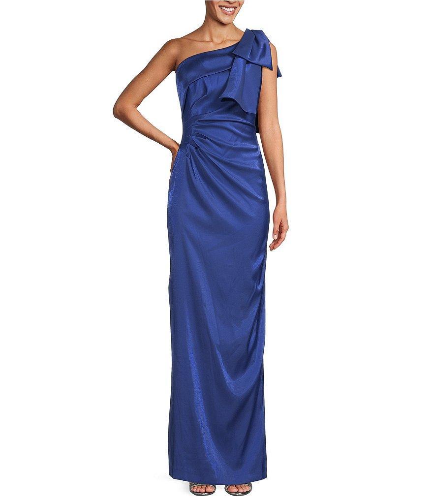 Alex Evenings Shimmer Satin Sleeveless One Shoulder Bow Detail Gown Product Image