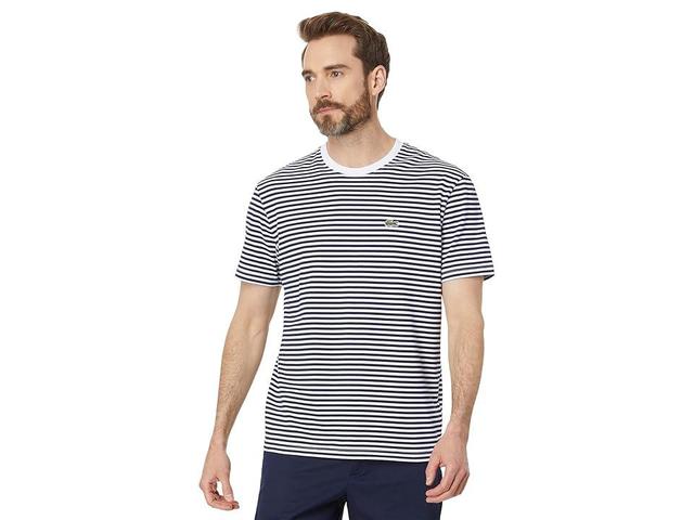 Lacoste Short Sleeve Classic Fit Stripped Crew Neck Tee Shirt (Narcissus/Blizzard-Cement) Men's T Shirt Product Image