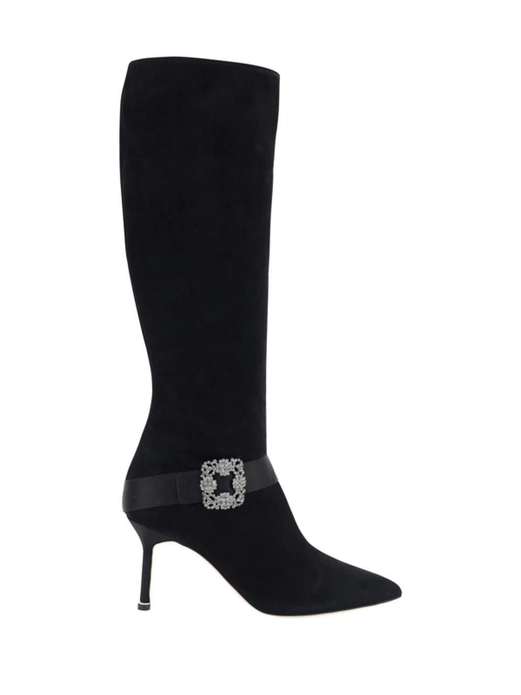 MANOLO BLAHNIK Pliniahi 70 Embellished Satin-trimmed Suede Knee Boots In Multicolor product image