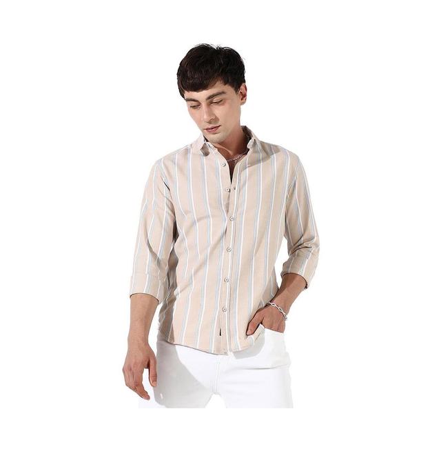 Campus Sutra Mens Beige Striped Cotton Shirt Product Image