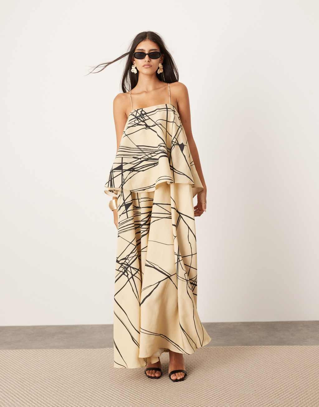 ASOS EDITION strappy square neck maxi dress with pockets and dramatic drape detail in mono abstract print Product Image