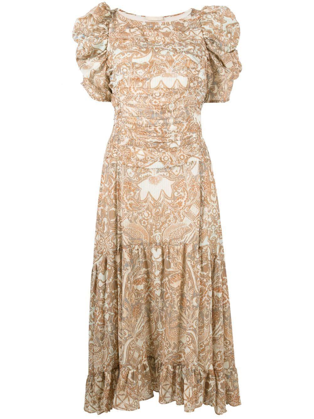 Puff-sleeve Printed Midi Dress In Neutrals Product Image