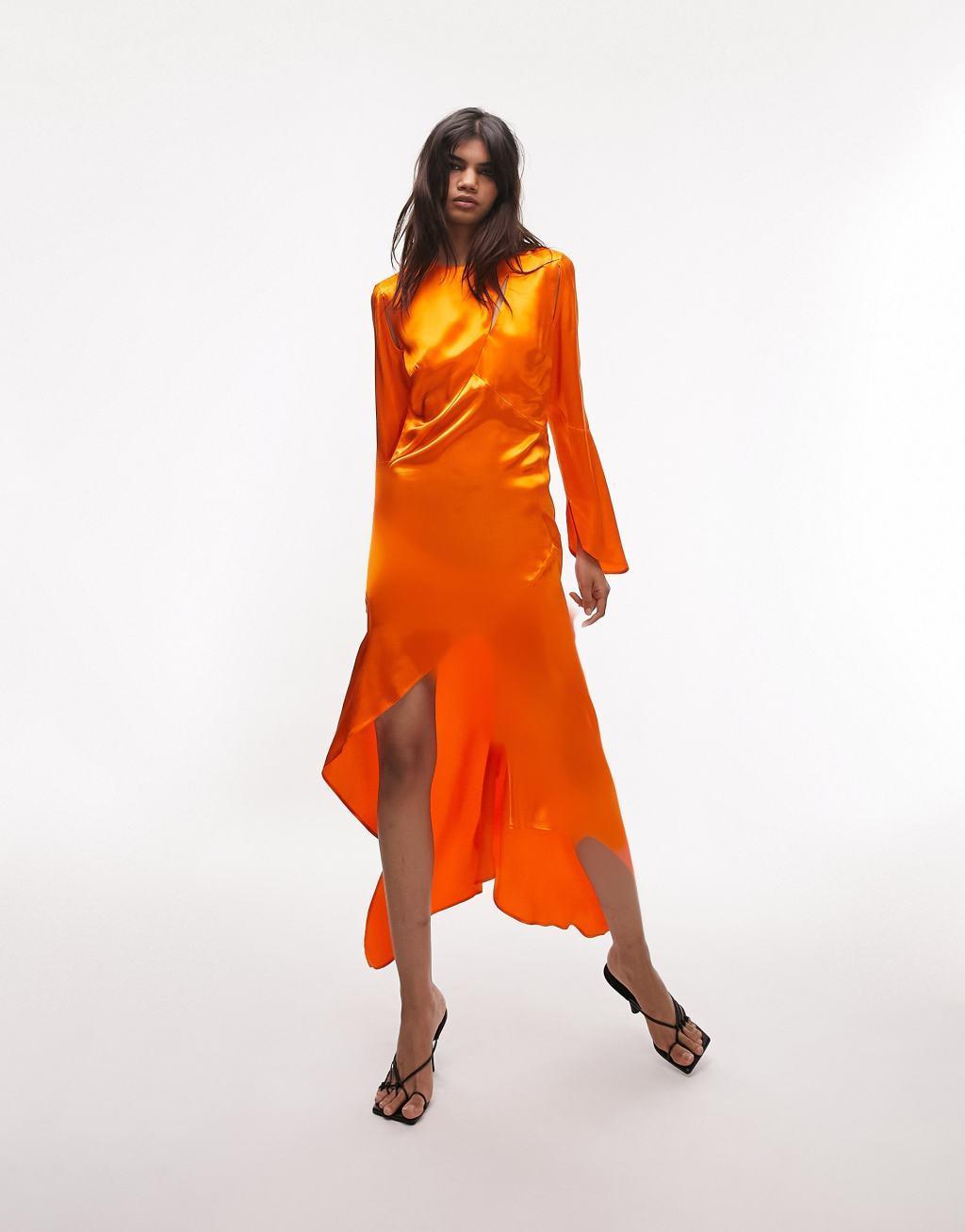 Topshop satin asymmetric slash detail midi dress in orange Product Image