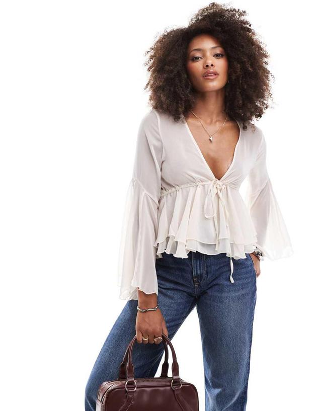 ASOS DESIGN chiffon flared sleeve top in ecru Product Image