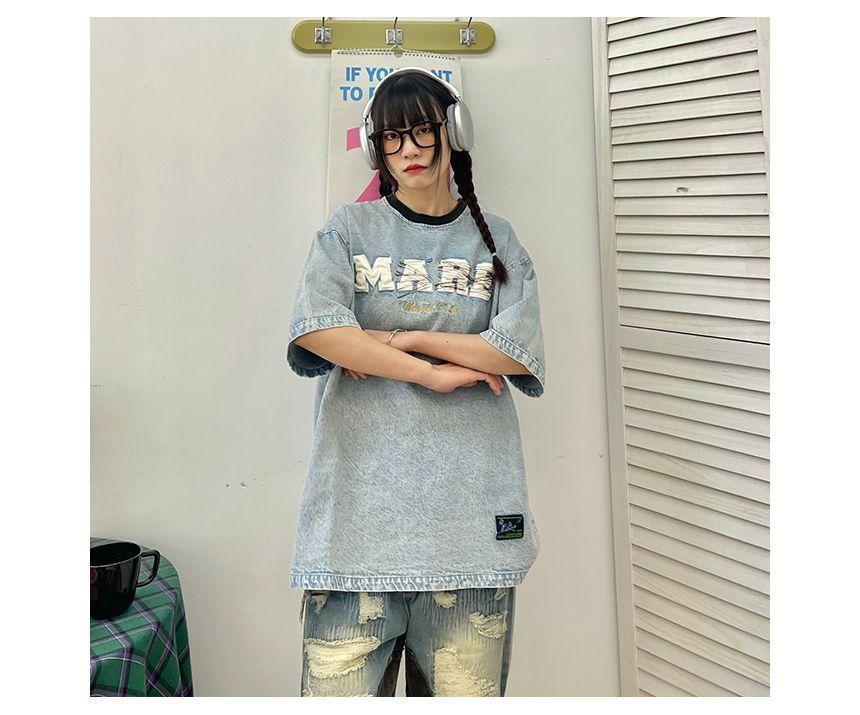 Elbow-Sleeve Crew Neck Denim T-Shirt Product Image