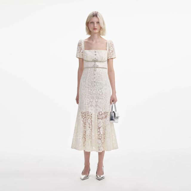 Cream Lace Diamante Bow Midi Dress Product Image