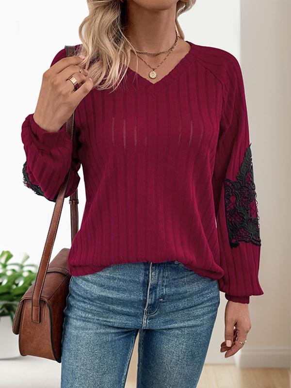 Long Sleeves Loose Split-Joint V-Neck T-Shirts Tops Product Image