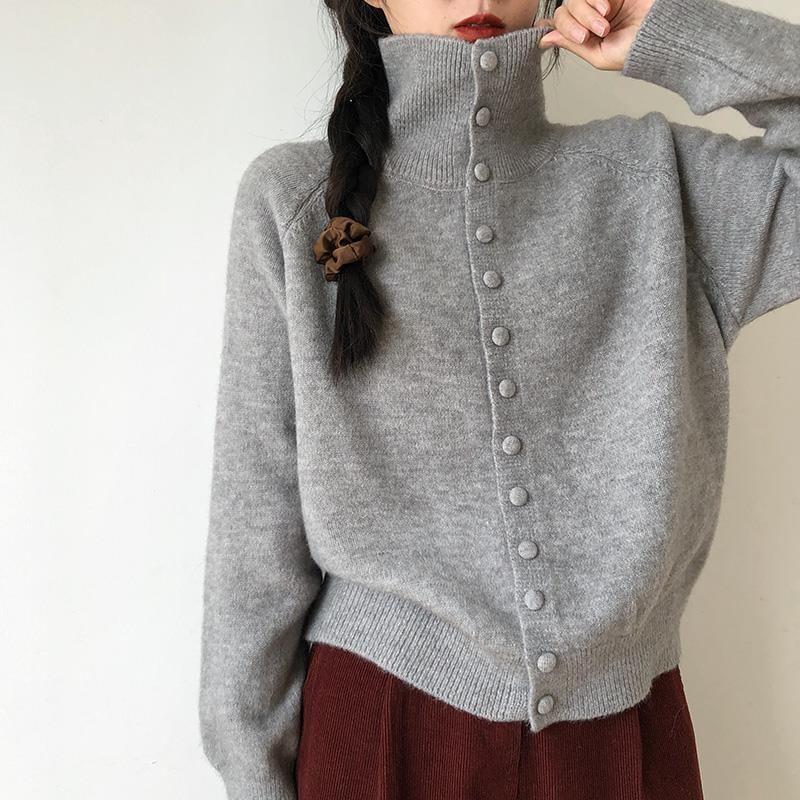 Turtleneck Plain Button-Up Cardigan Product Image