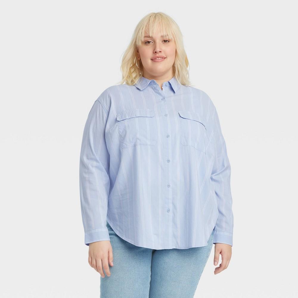 Womens Long Sleeve Utility Button-Down Shirt - Ava & Viv Blue Striped 1X Product Image