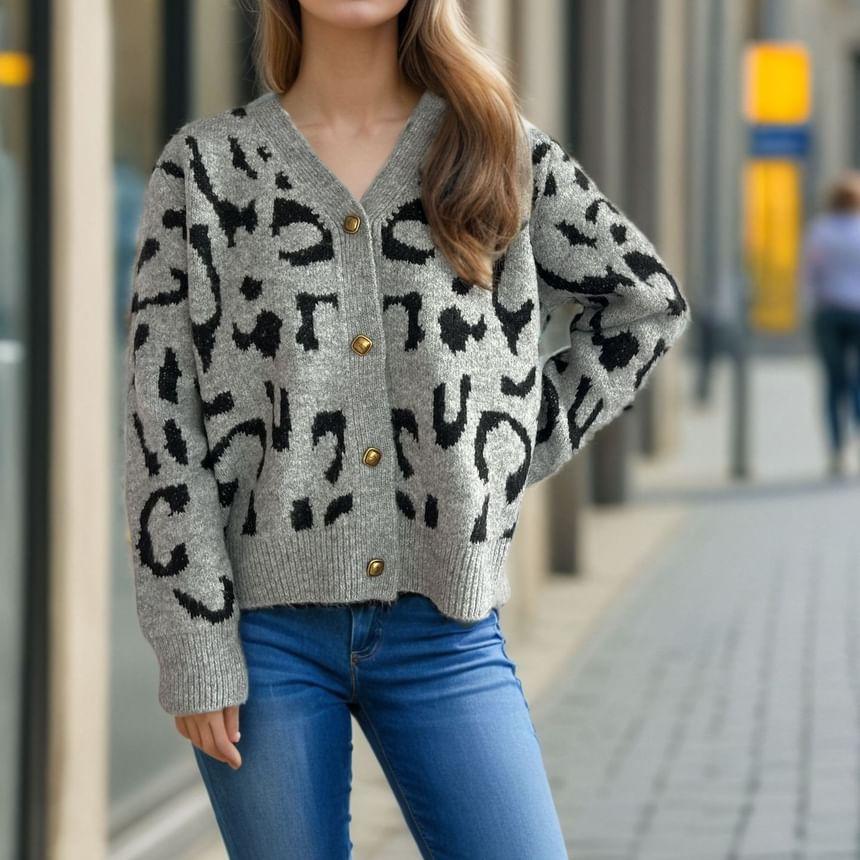 V-Neck Leopard Print Button-Up Crop Cardigan Product Image