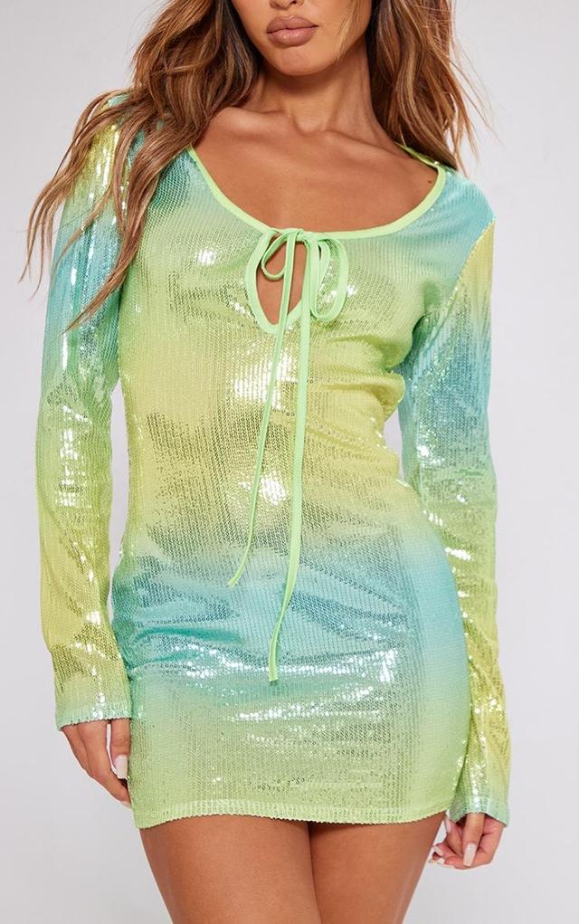 Petite Green Ombre Sequin Long Sleeve Mini Dress Product Image