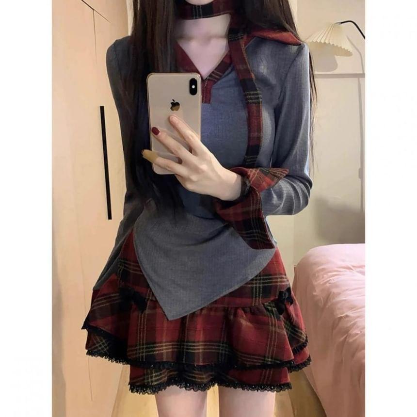 Set: Long-Sleeve Plaid Collar Polo Shirt + High Rise Lace Trim Mini A-Line Layered Skirt Product Image