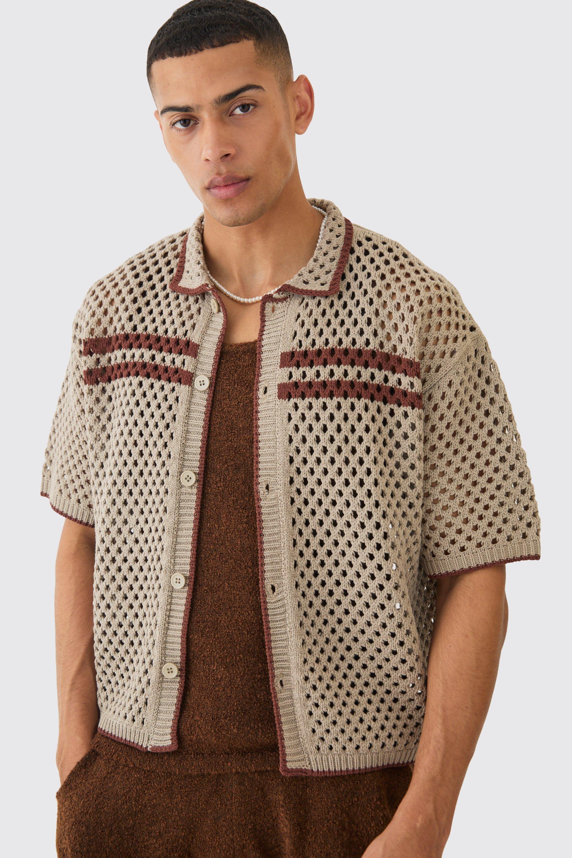 Oversized Boxy Open Knit Contrast Shirt | boohooMAN USA Product Image