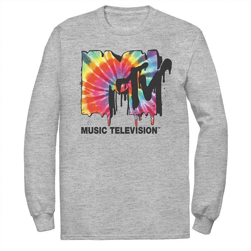 Mens MTV Classic Tie Dye Drip Logo Long Sleeve Graphic Tee Athletic Grey Product Image