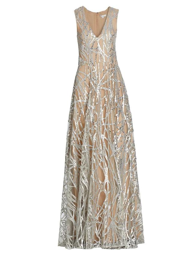 Womens Linear Sequin V-Neck A-Line Gown Product Image