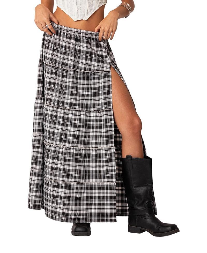 EDIKTED Plaid Tiered Slit Maxi Skirt Product Image