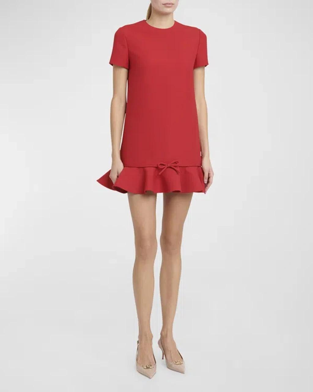 VALENTINO Ruffle Hem Mini Dress With Bow Detail In Red Product Image