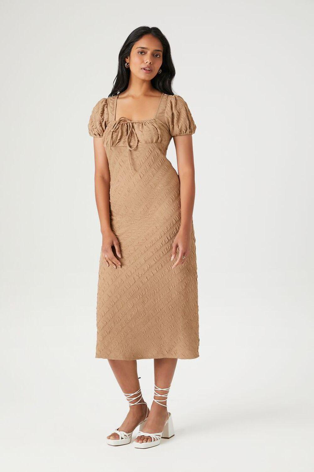 Textured Puff-Sleeve Midi Dress | Forever 21 Product Image