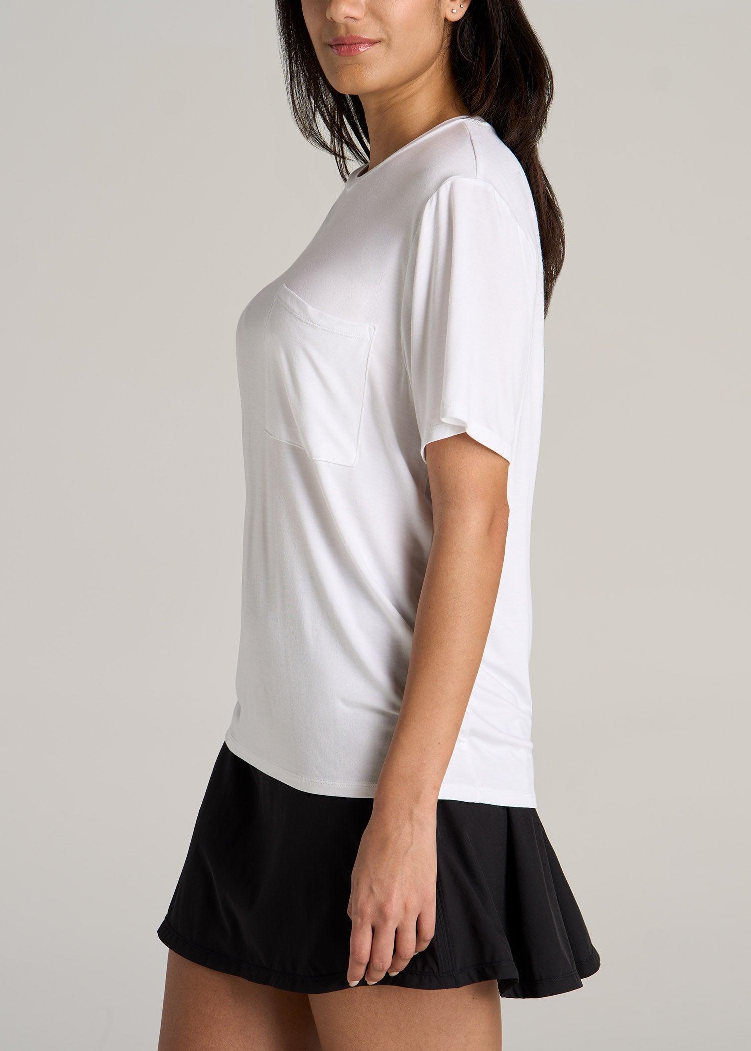 Short-Sleeve Oversized Crewneck Pocket T-Shirt for Tall Women in White Product Image