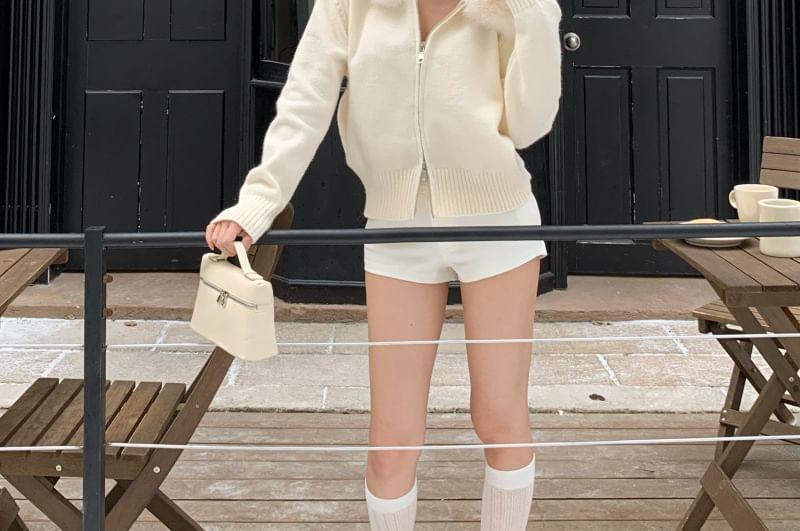 Plain Hooded Fluffy Trim Zip Cardigan Product Image