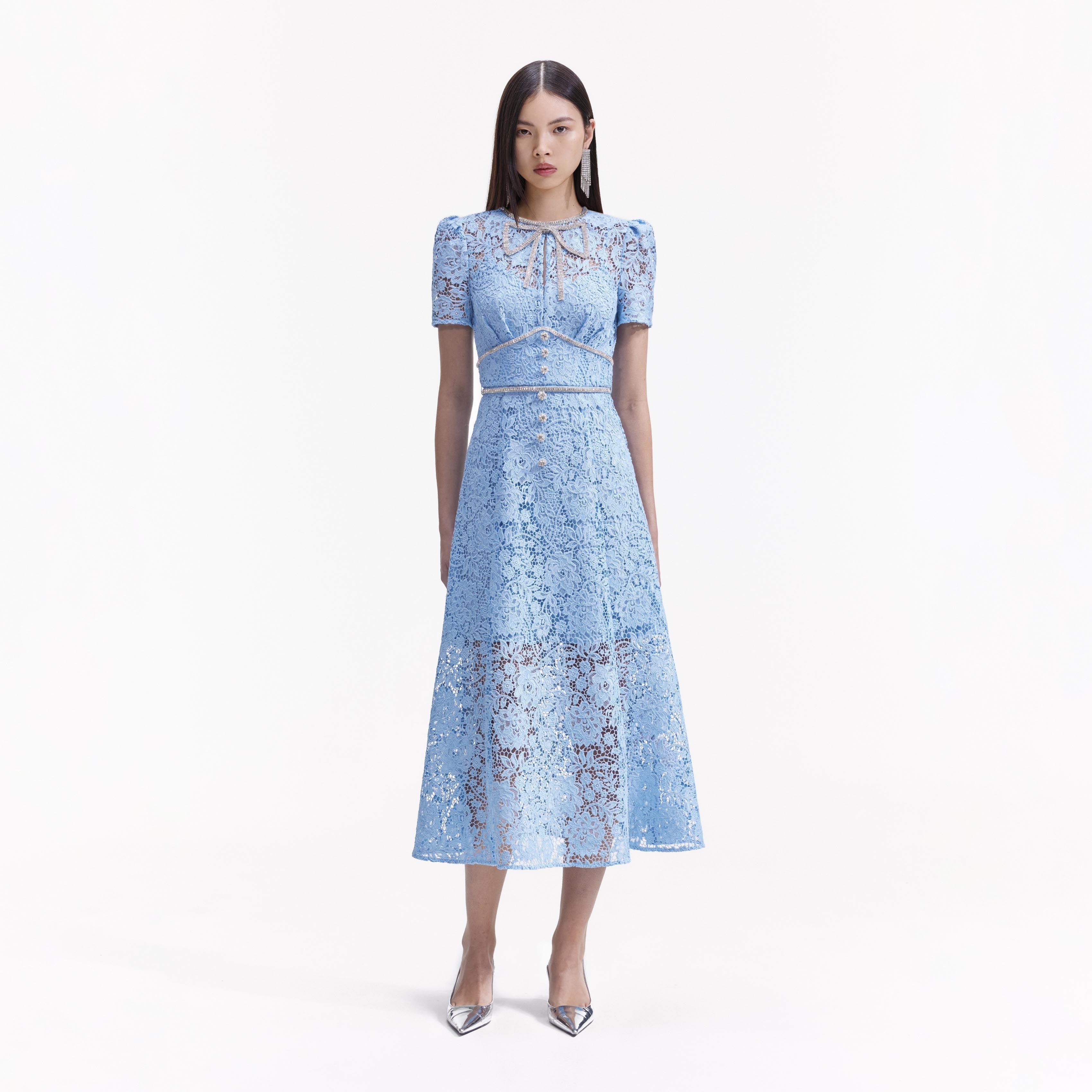 Blue Cord Lace Bow Midi Dress Product Image