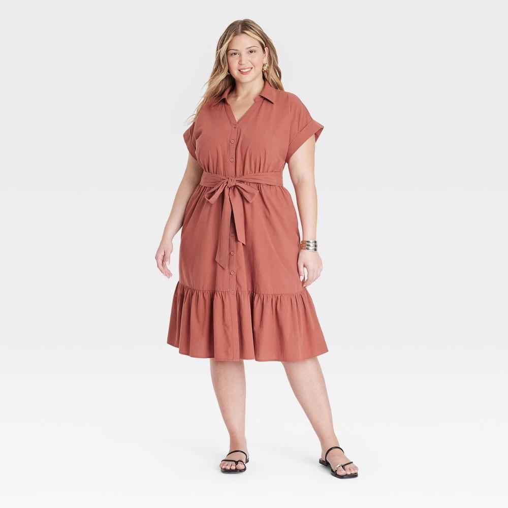 Womens Short Sleeve Tiered Midi Shirtdress - Ava & Viv Bronze 4X Product Image