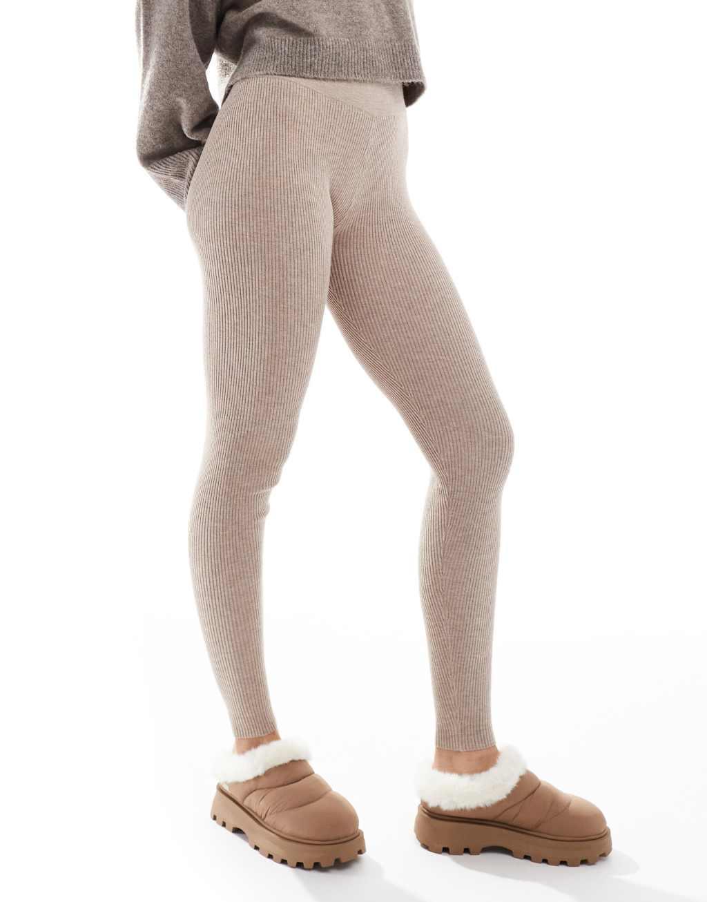 Miss Selfridge ribbed knit cozy leggings in oatmeal Product Image