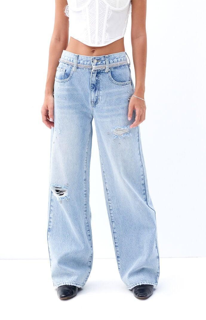 Women's Cali Light Indigo Rhinestone Ripped Baggy Boyfriend Jeans Product Image