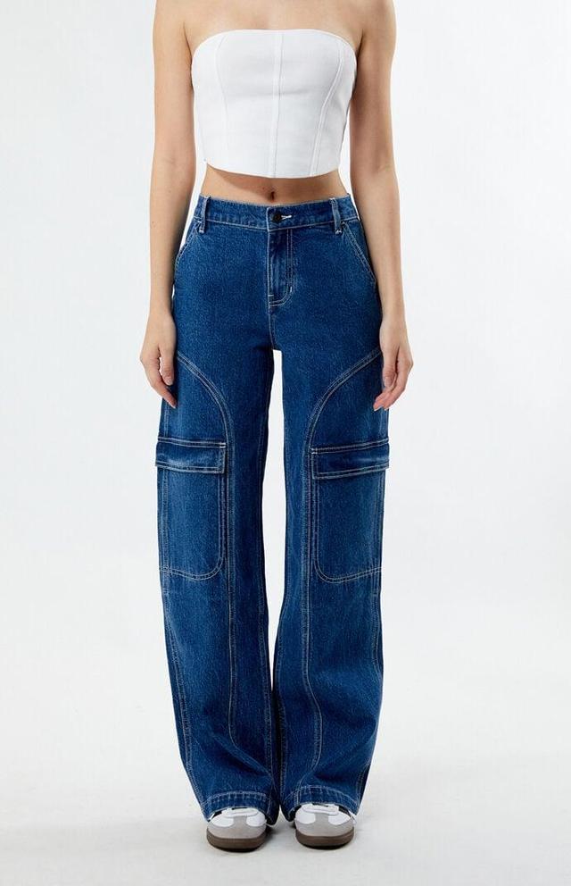 Women's Dark Indigo Mid Rise Baggy Cargo Skate Jeans Product Image