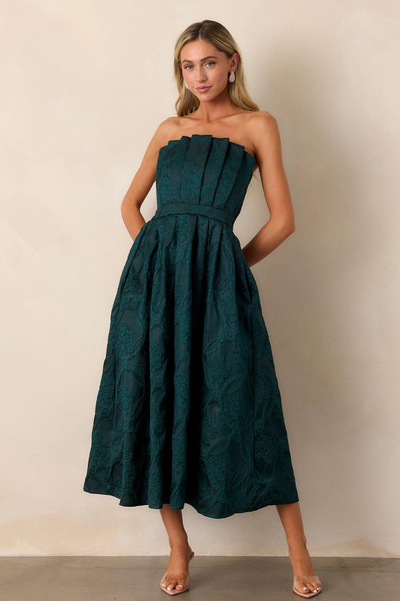 Moonstone Dreams Hunter Green Floral Jacquard Midi Dress Product Image