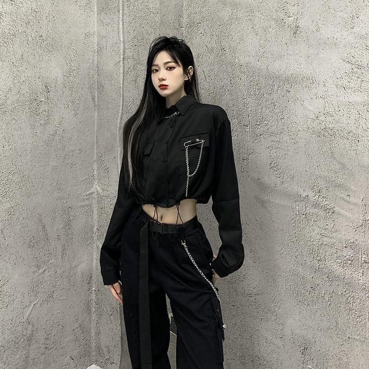 Long-Sleeve Plain Pocket Detail Drawstring Crop Shirt / High Rise Cropped Harem Cargo Pants Product Image