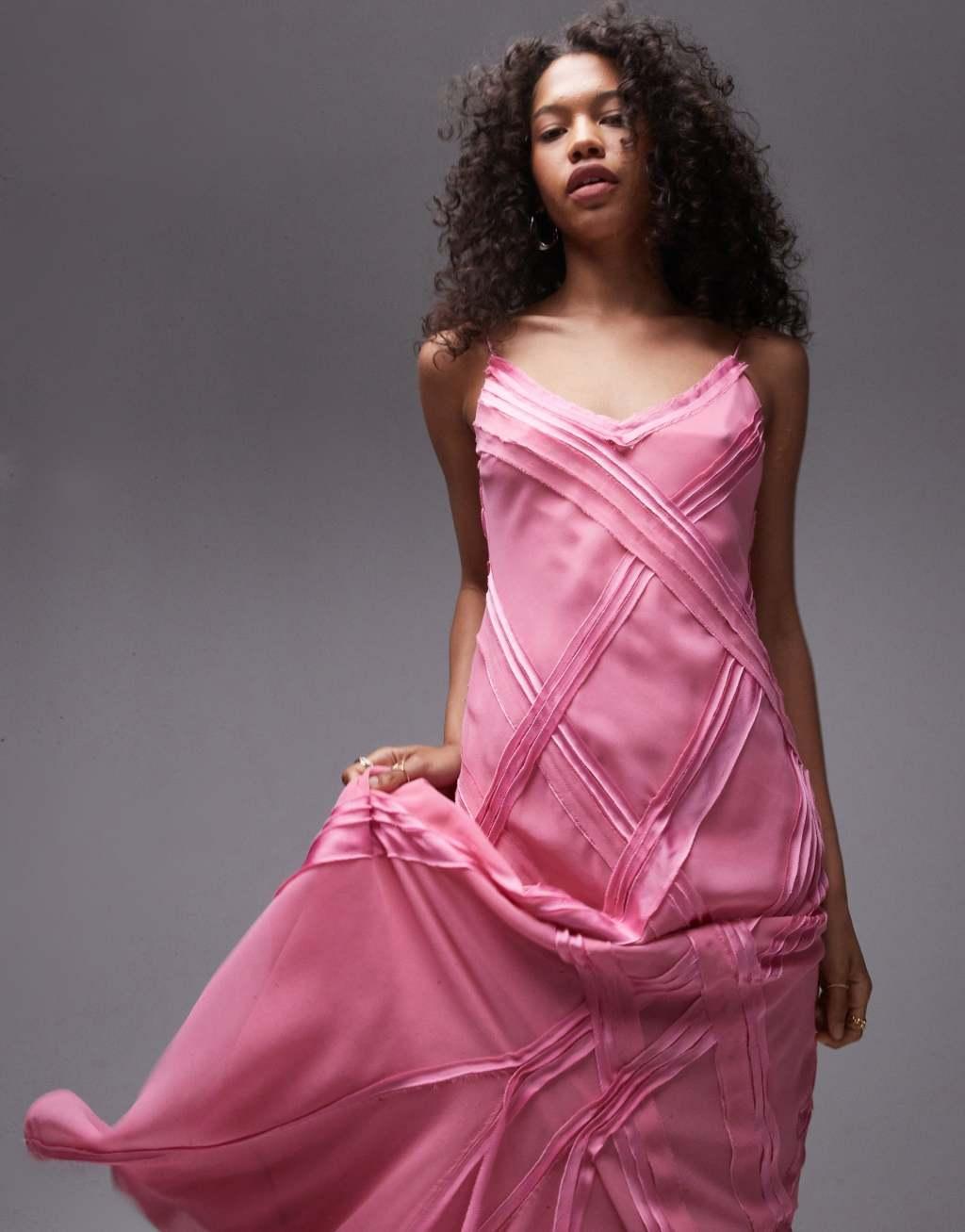 Topshop premium raw seam detail midi slip dress in sweet pink Product Image