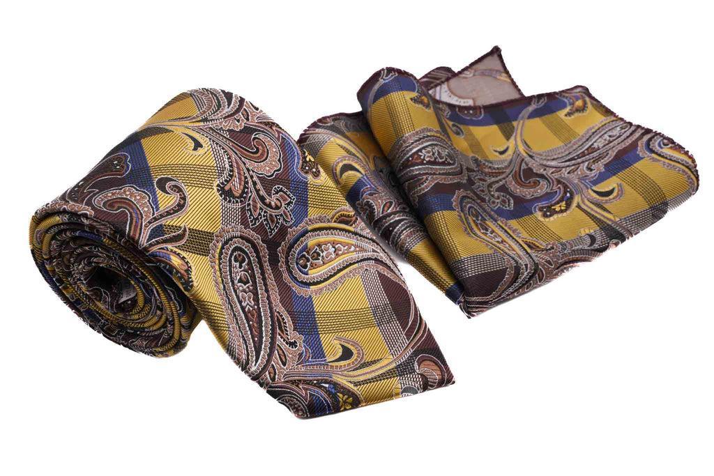 Gold Brown Paisley Floral Pattern Men's Classic Tie and Pocket Square Set Product Image