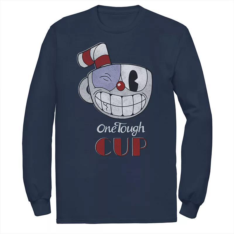 Mens Cuphead One Tough Cup Black Eye Wink Long Sleeve Graphic Tee Blue Product Image