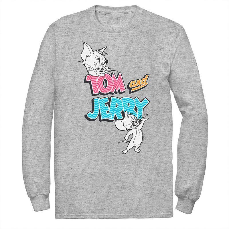 Big & Tall Tom and Jerry Patterned Logo Stamp Portrait Long Sleeve Graphic Tee, Mens Athletic Grey Product Image