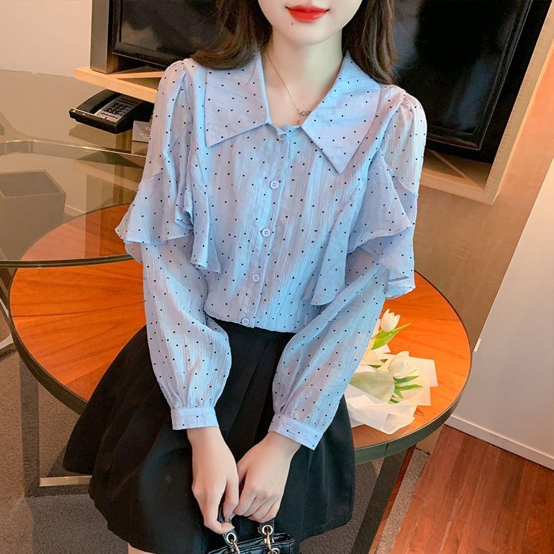 Long-Sleeve Collared Dotted Ruffle Trim Button-Up Blouse Product Image