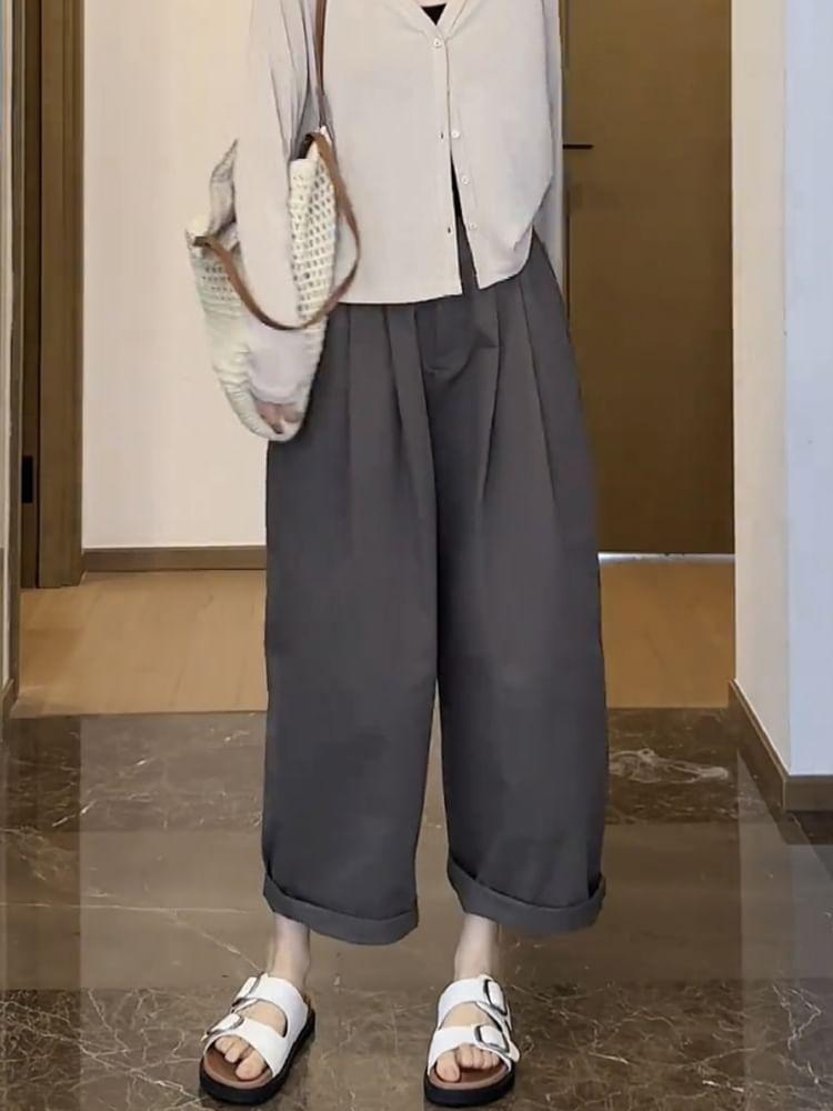 Plus Size High Rise Plain Wide Leg Cropped Pants Product Image