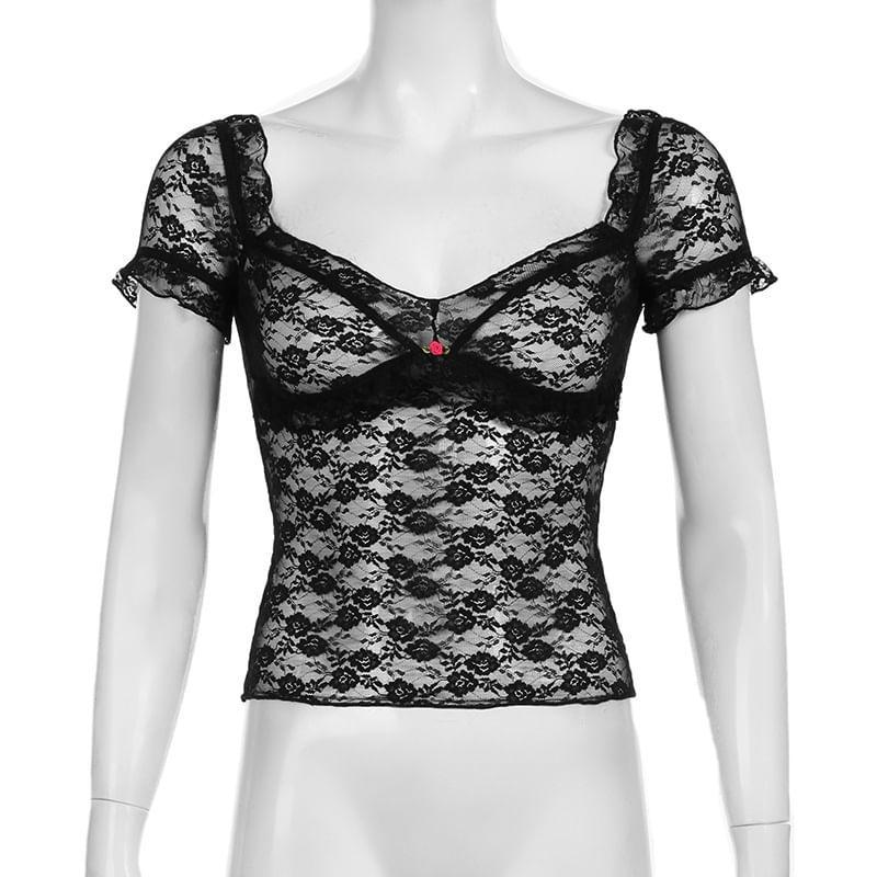 Short Sleeve Lace Trim See-Through V-Neck Crop Top Product Image