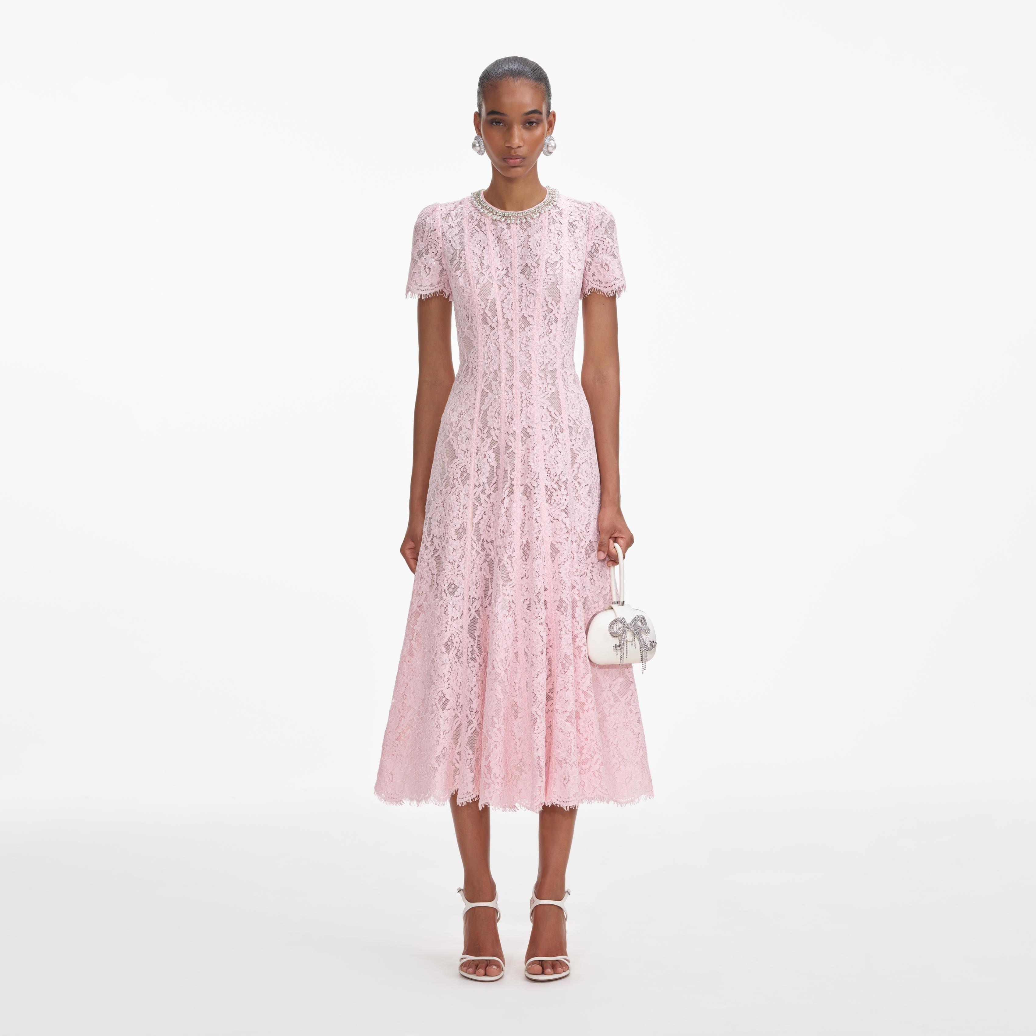 Pink Lace Embellished Midi Dress Product Image