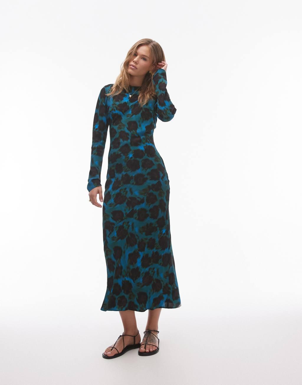 Topshop long sleeve slash neck maxi dress in blurred blue print Product Image