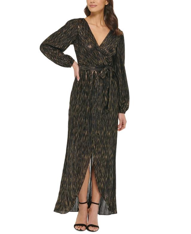 Guess Metallic-Striped Faux-Wrap Maxi Dress - Black Product Image